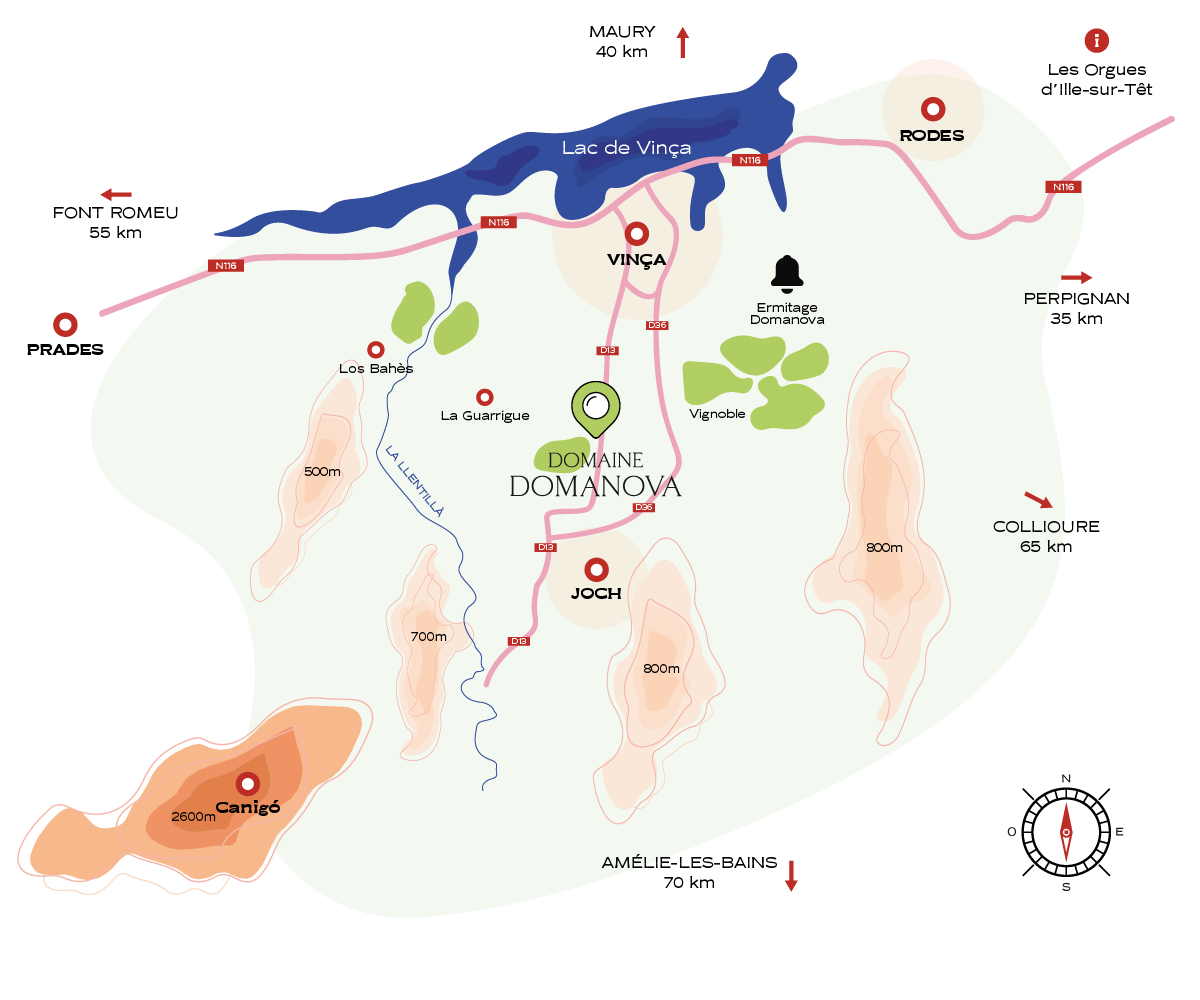 situation géographique du Domaine Domanova, vins aériens en Roussillon